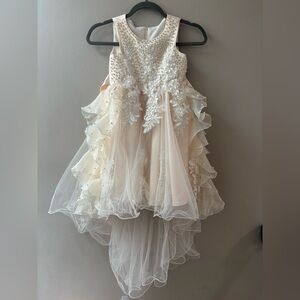 Ivory Floral Applique Tulle High-Low Flower Girl Party Dress